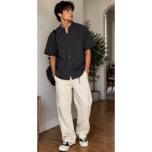 7 Diamonds Restless Shirt Mens Large Navy Band Collar Short Sleeve Button Down